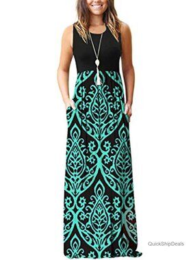 Sleeveless Maxi Dress with Pockets Damask Floral Casual Beach Vacation